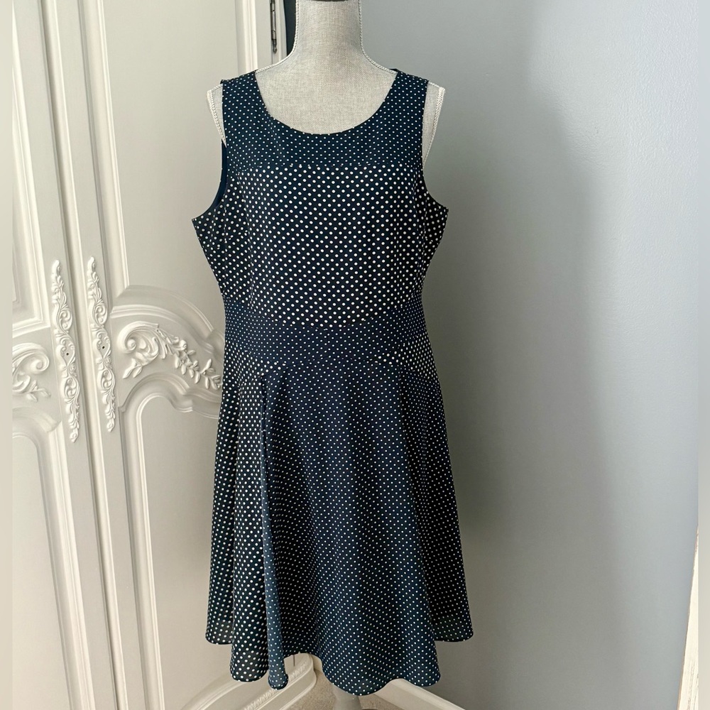 The Limited Navy Fit & Flare Dress With White Mini Polka Dots, Sz 14